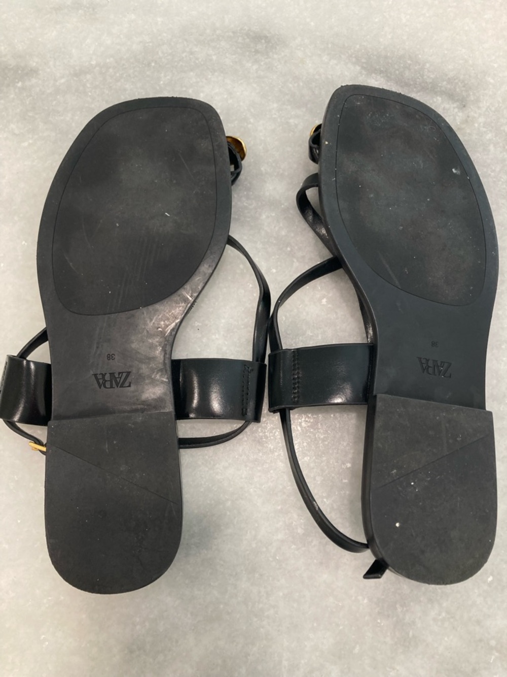 ZARA Black Leather Flat Strappy Gold Metal Toe Sandals - Picture 10 of 15